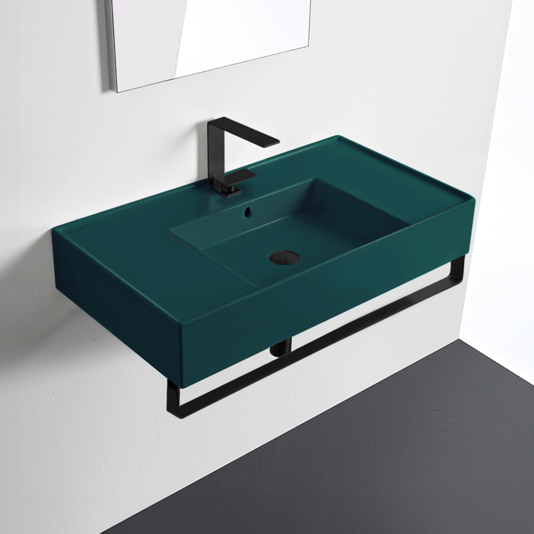 Scarabeo 5123-55-TB-BLK Green Console Sink With Matte Black Towel Bar, Modern